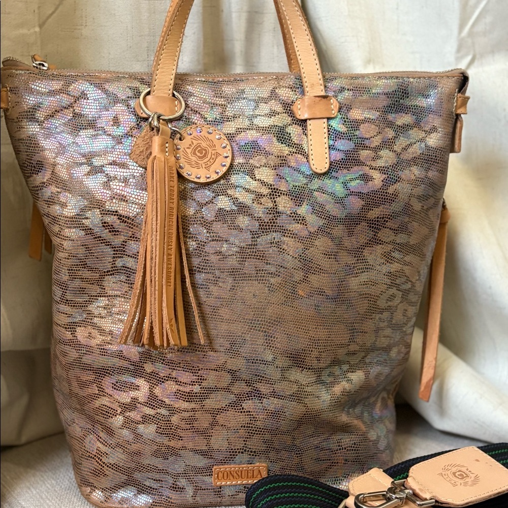 Consuela Iris Sling Bag Iridescent Leopard Print Tote in Tan EUC